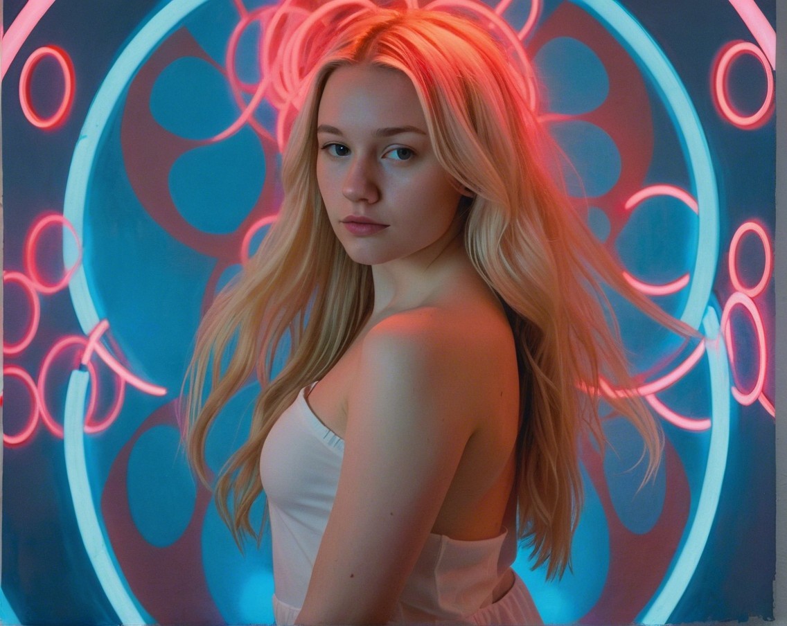 Young Woman in White Dress Against Neon Background