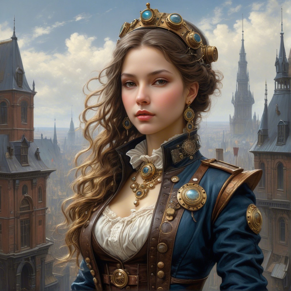 Young woman in blue coat against ornate architecture