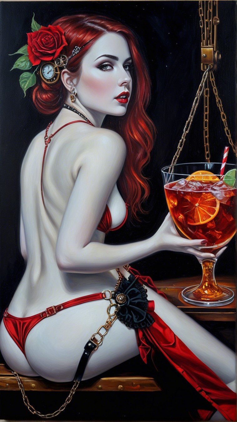 Pin-Up Girl with Red Hair and Colorful Cocktail