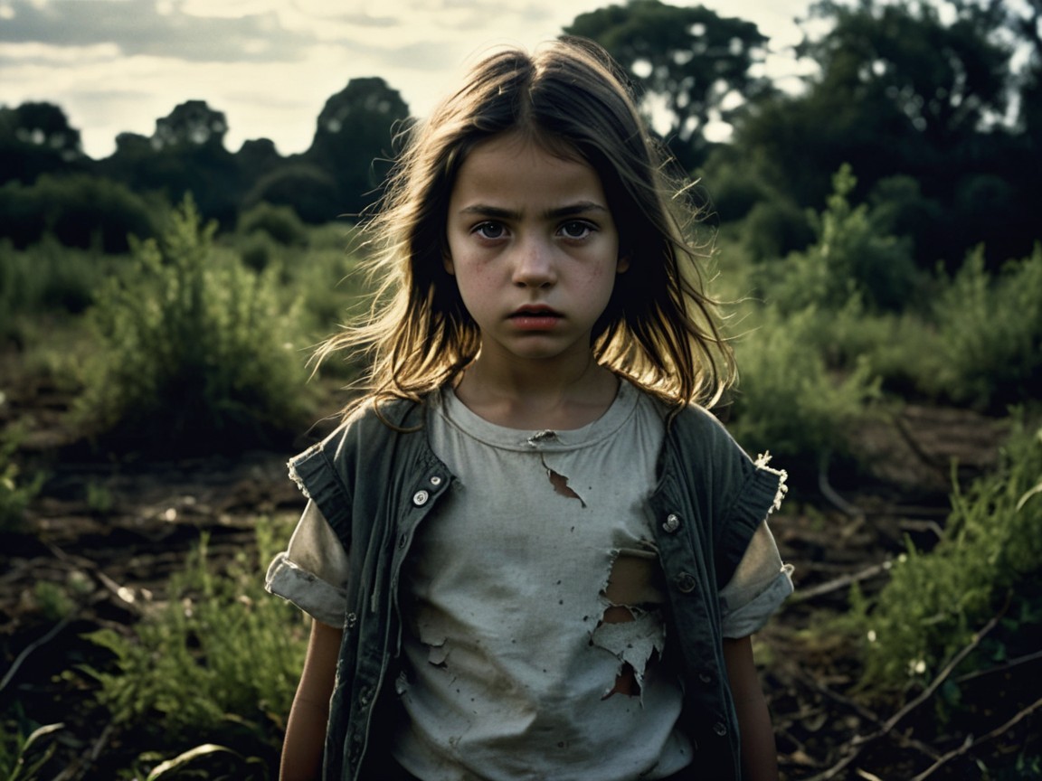 Young girl in overgrown field with serious expression