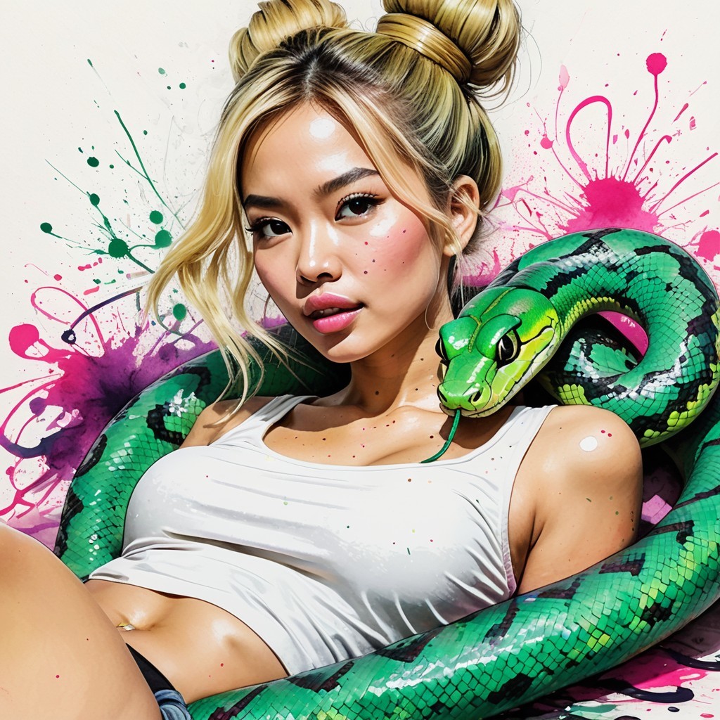 Portrait of a young woman with a green snake and colors