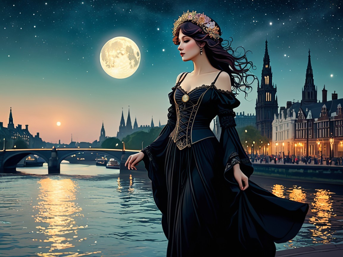 Woman in Black Gown by Riverside at Twilight