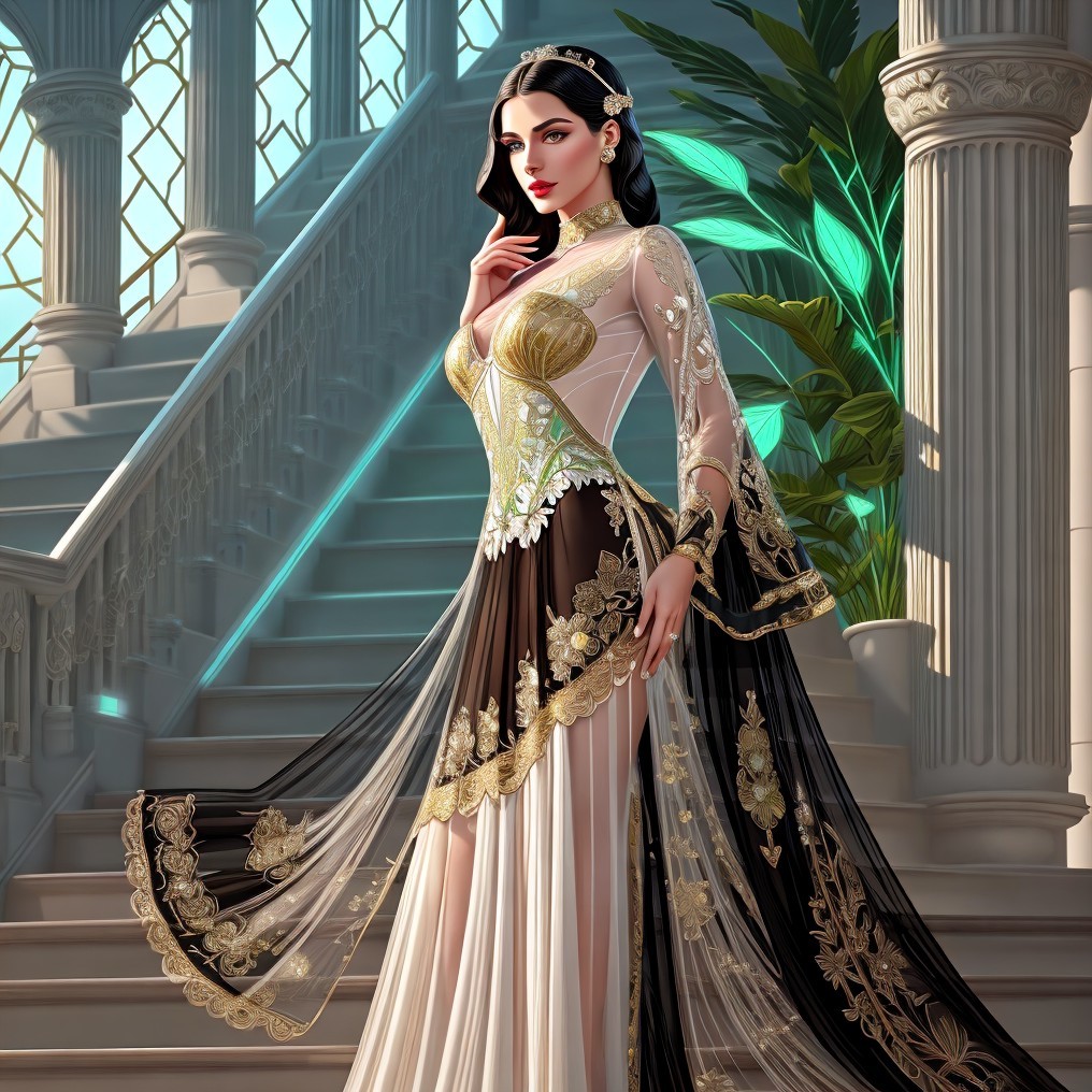Elegant Woman in Exquisite Gown on Grand Staircase