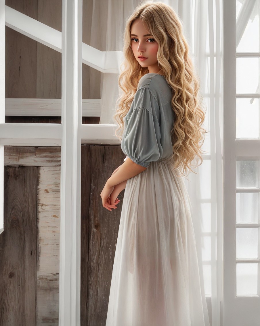 Young woman in gray top and white skirt by window