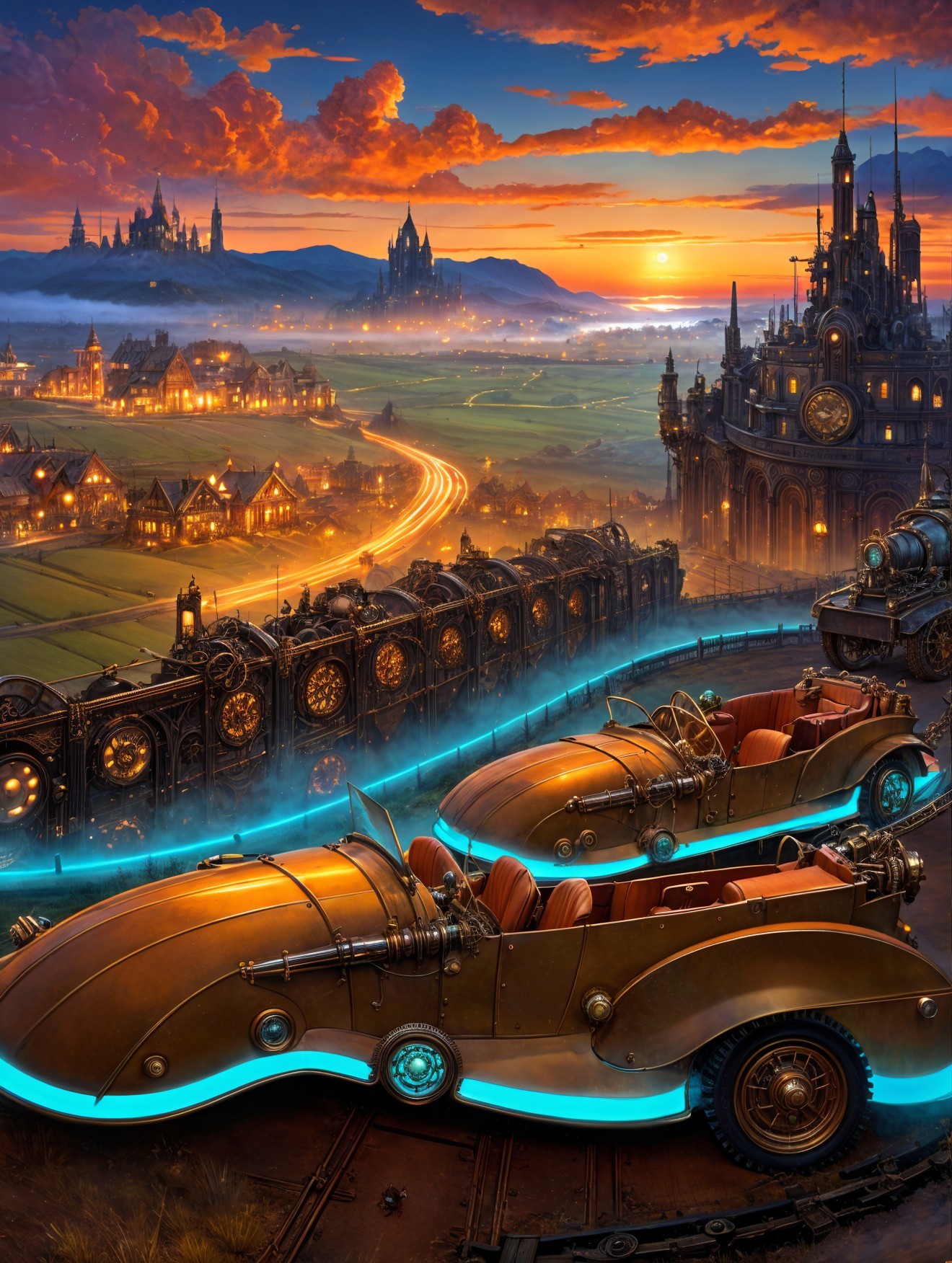Fantastical Landscape with Vintage Cars and Castle