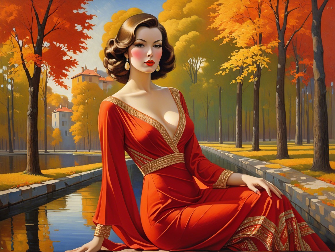Glamorous Woman in Red Gown by Autumn Waterway