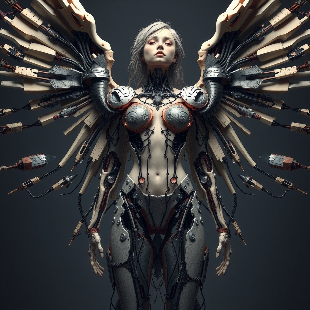 Futuristic Humanoid with Mechanical Wings and Design