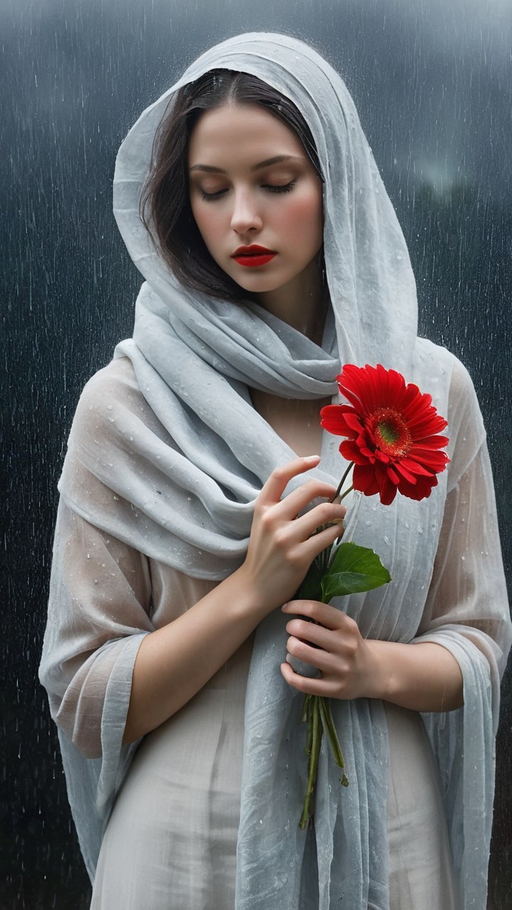 Woman in Rain with Gray Scarf and Red Flower