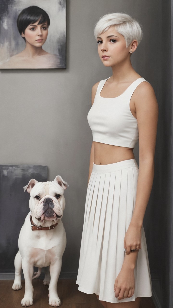 Chic Young Woman and Bulldog in Minimalist Setting