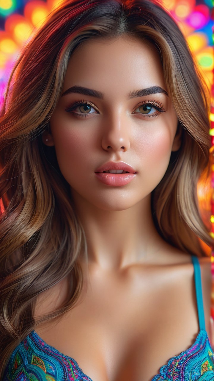 Young woman with long hair in colorful background