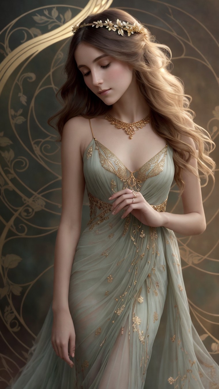 Young woman in ethereal green gown with floral headpiece