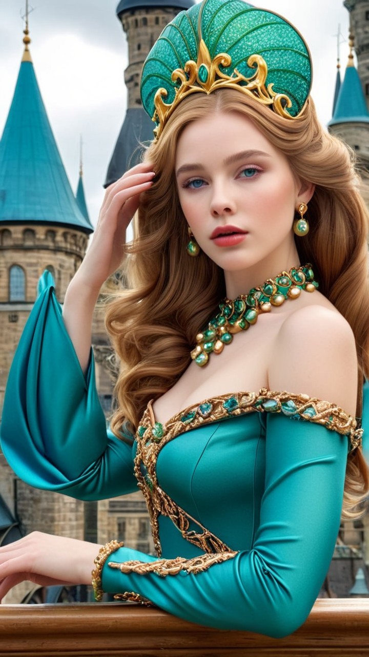 Emerald Green Gown with Regal Crown and Castle Towers