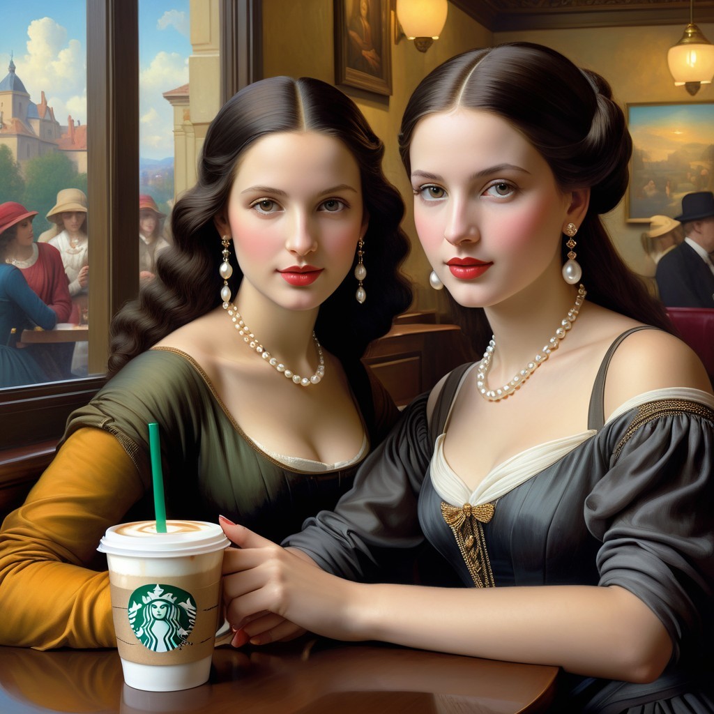 Elegant Women in Café with Classic Attire and Starbucks