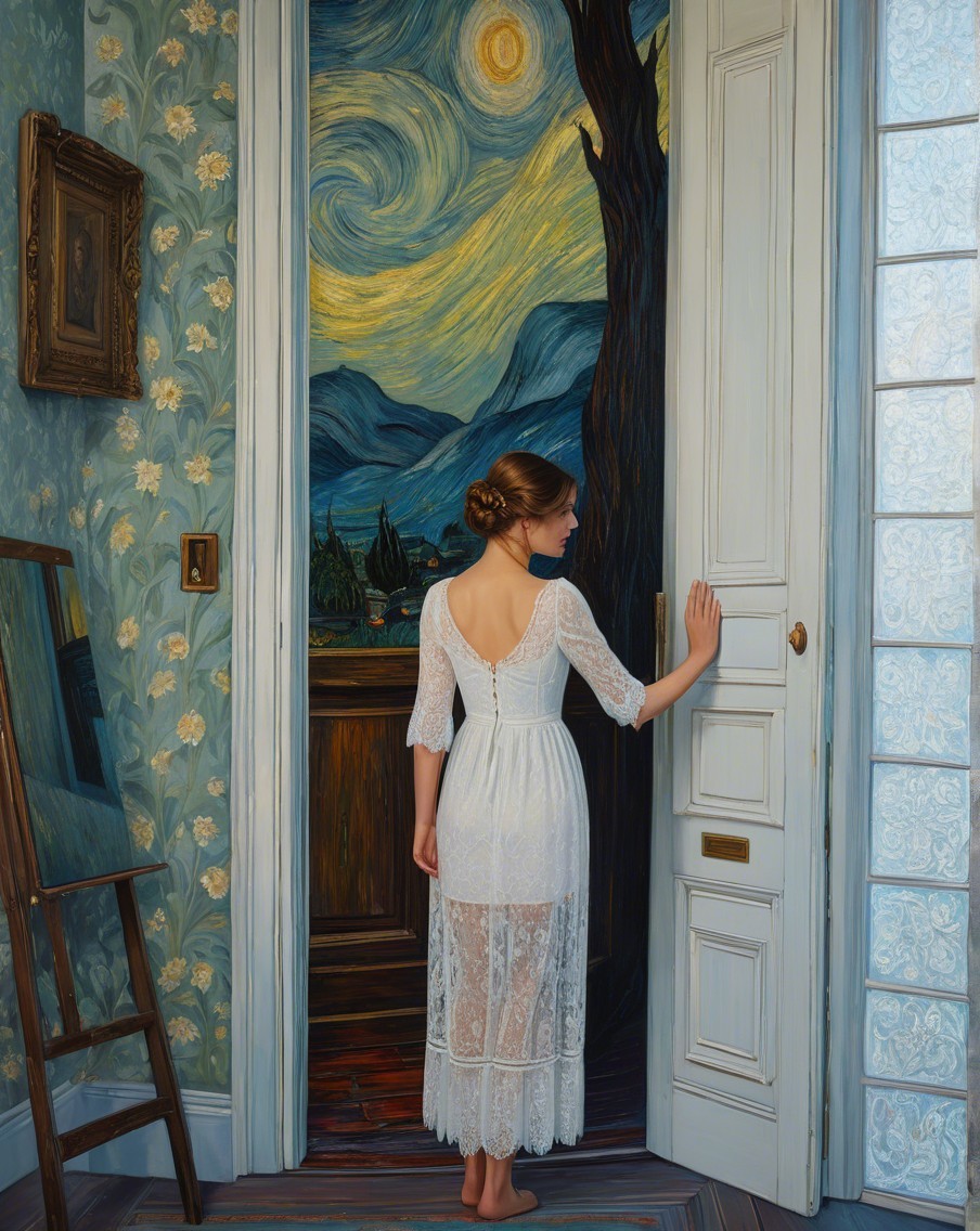 Young Woman in Lace Dress by Mural of Night Sky