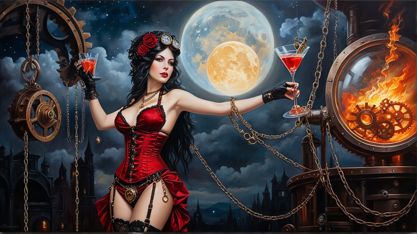 Steampunk Scene with Woman in Crimson Corset and Cocktails