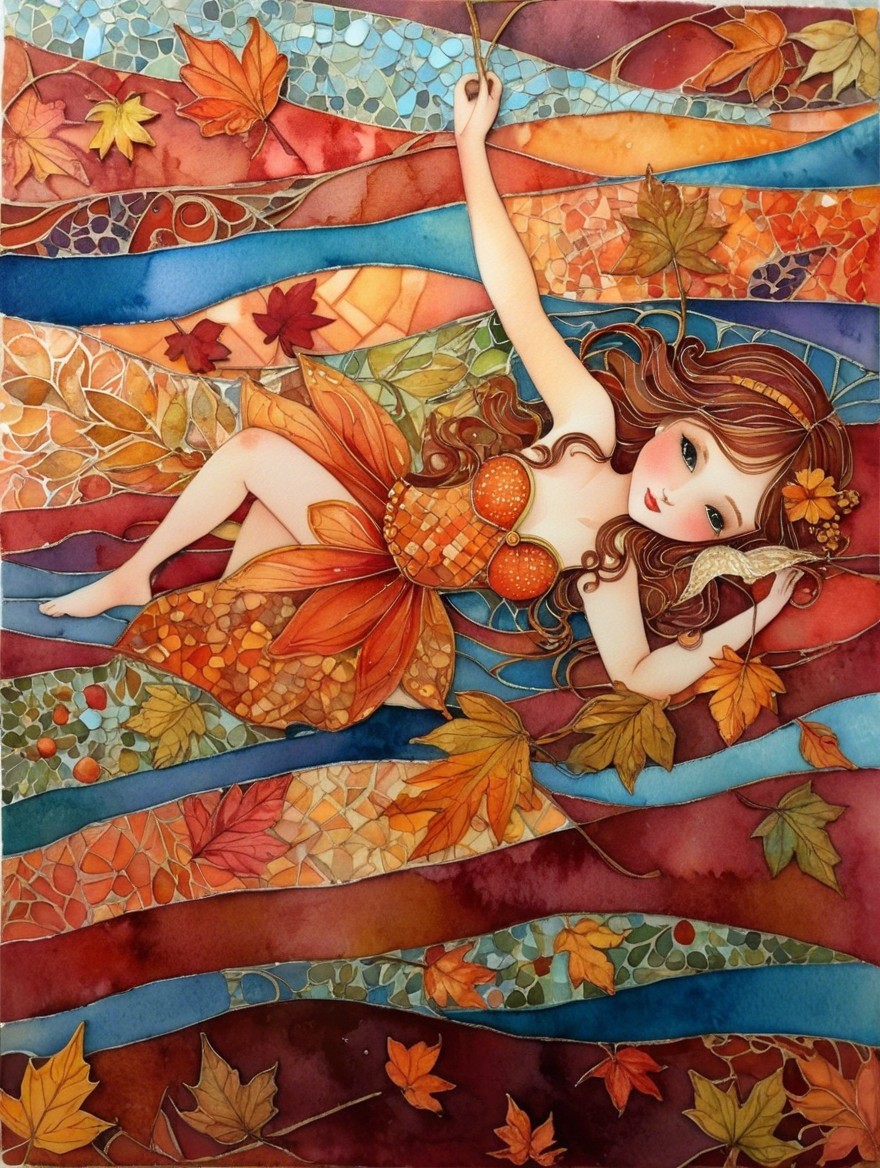 Whimsical Illustration of a Serene Girl in Autumn Colors