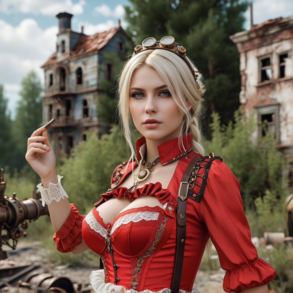 Steampunk Woman in Red Outfit with Decaying Backdrop