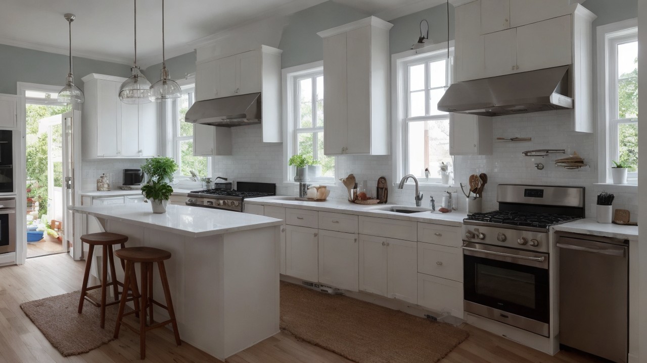 Modern Bright Kitchen with White Cabinets and Marble Counters
