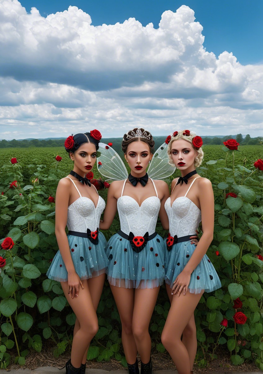Women in Whimsical Costumes in Rose Garden