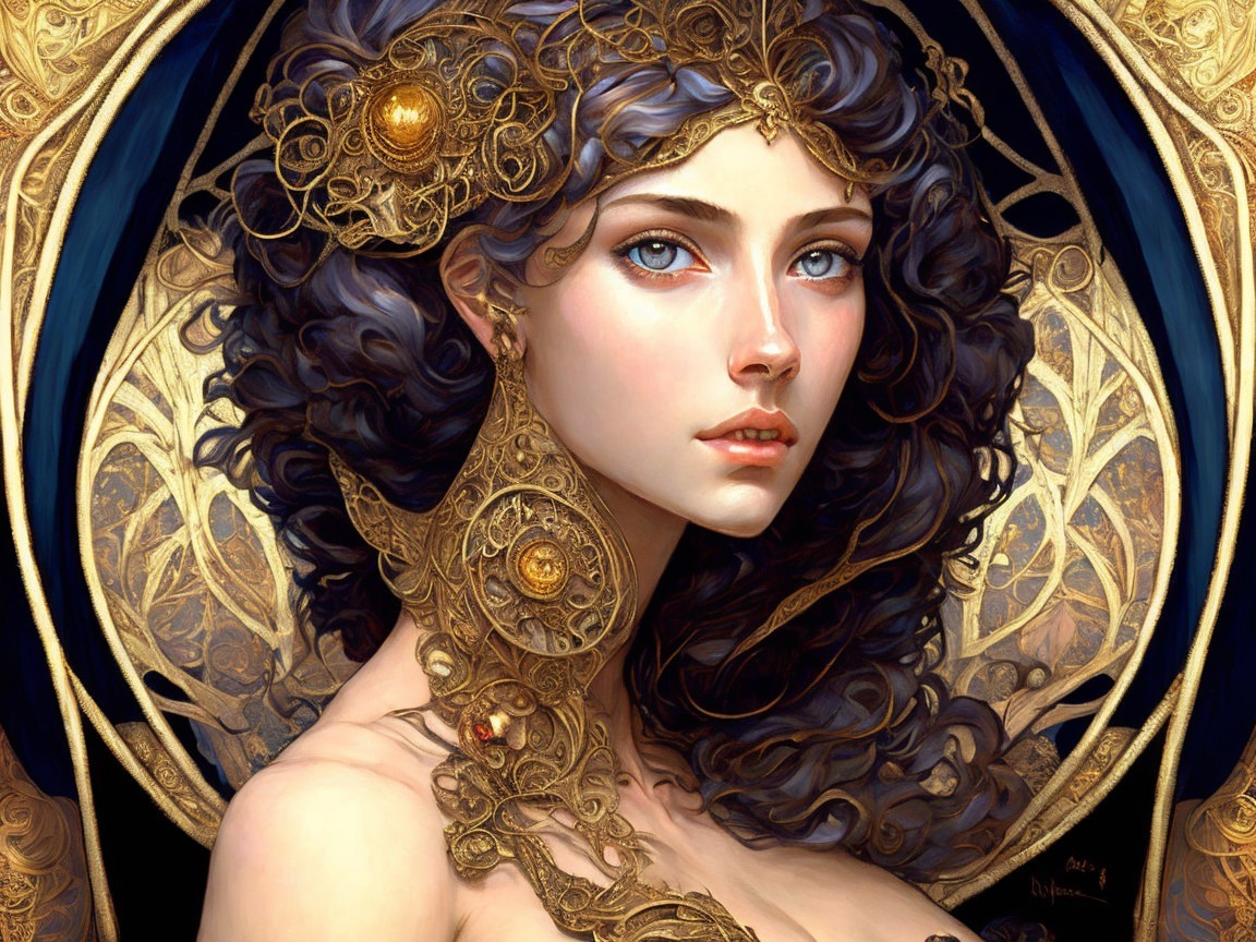 Portrait of a woman with dark curls and blue eyes