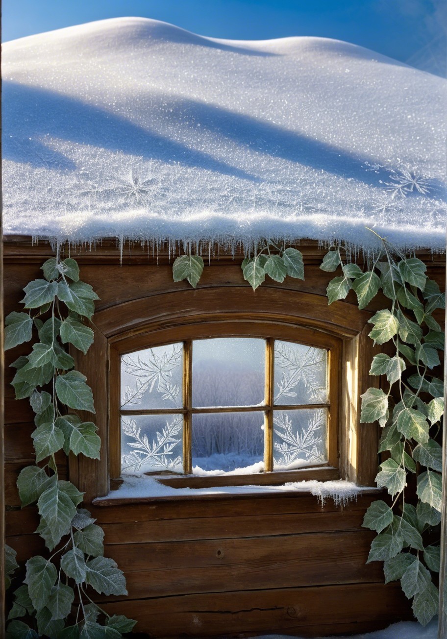Rustic Cabin in Winter with Snow and Ice Details