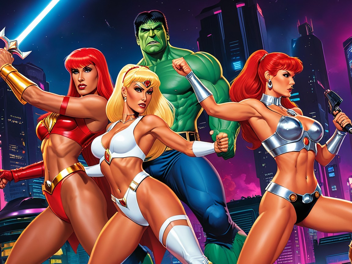 Superheroes in Vibrant Outfits Against Futuristic City