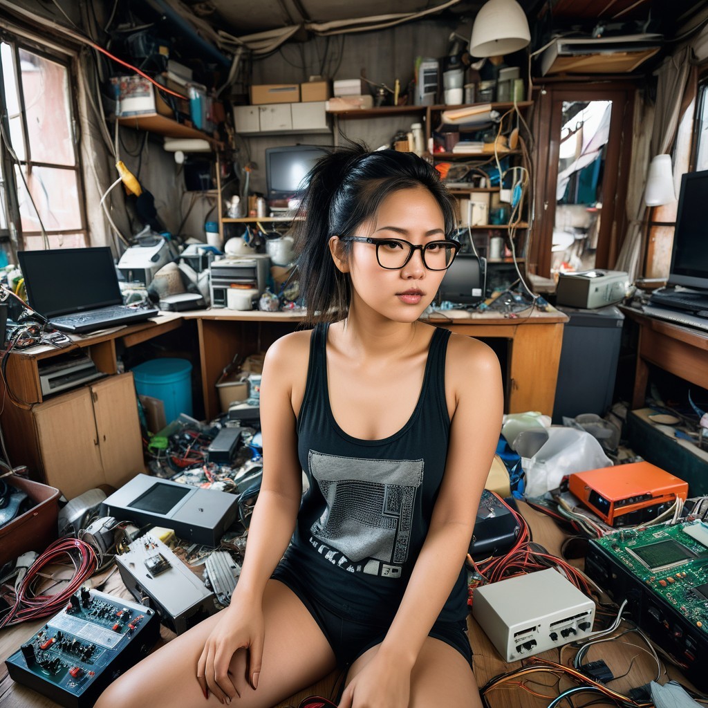 Young woman in cluttered tech workspace with devices