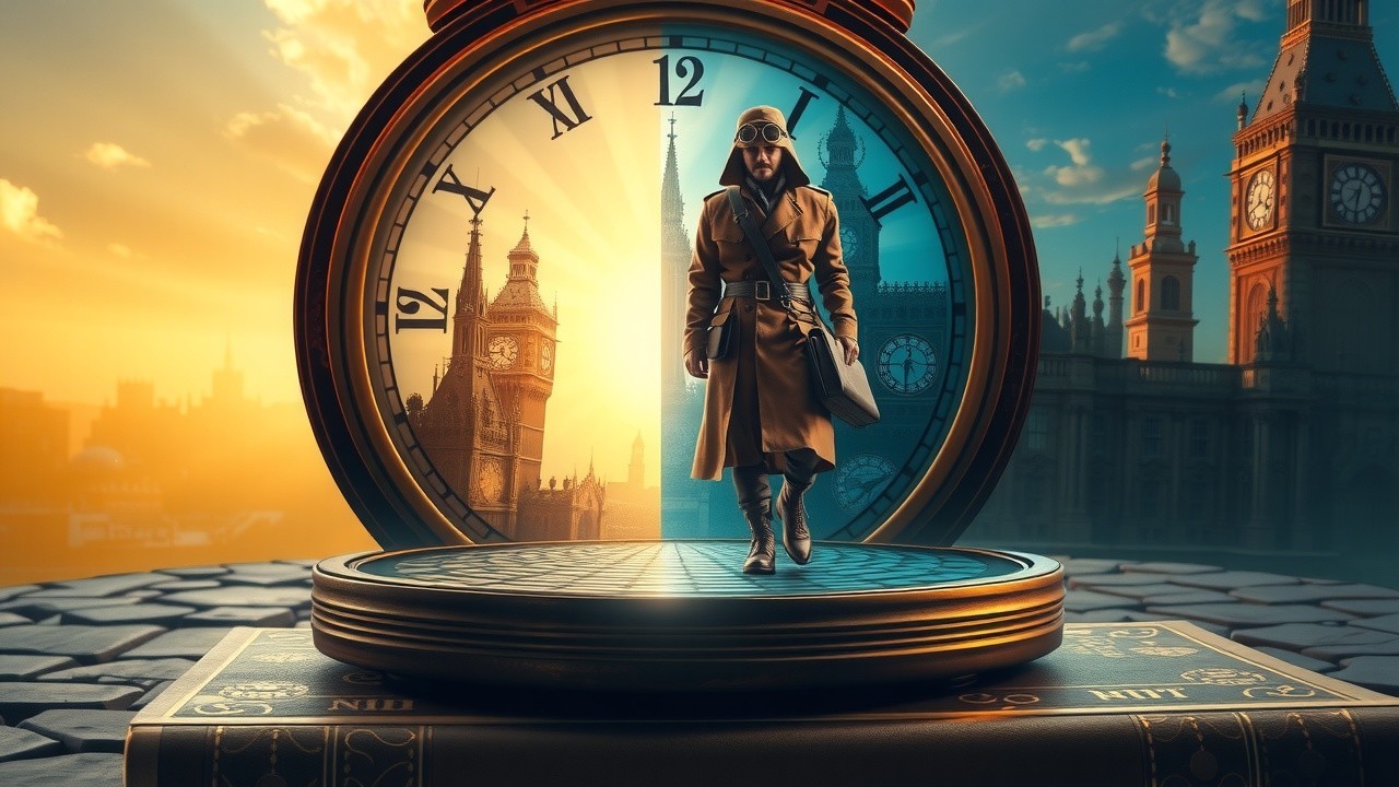 Vintage Pilot on Clock Face with Skyline Background
