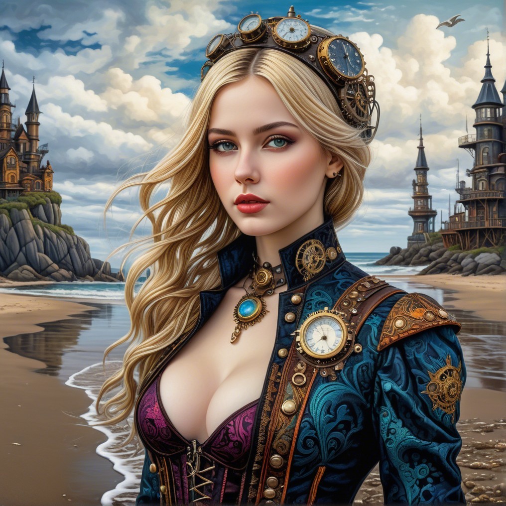 Steampunk Woman on Beach with Castles in Background