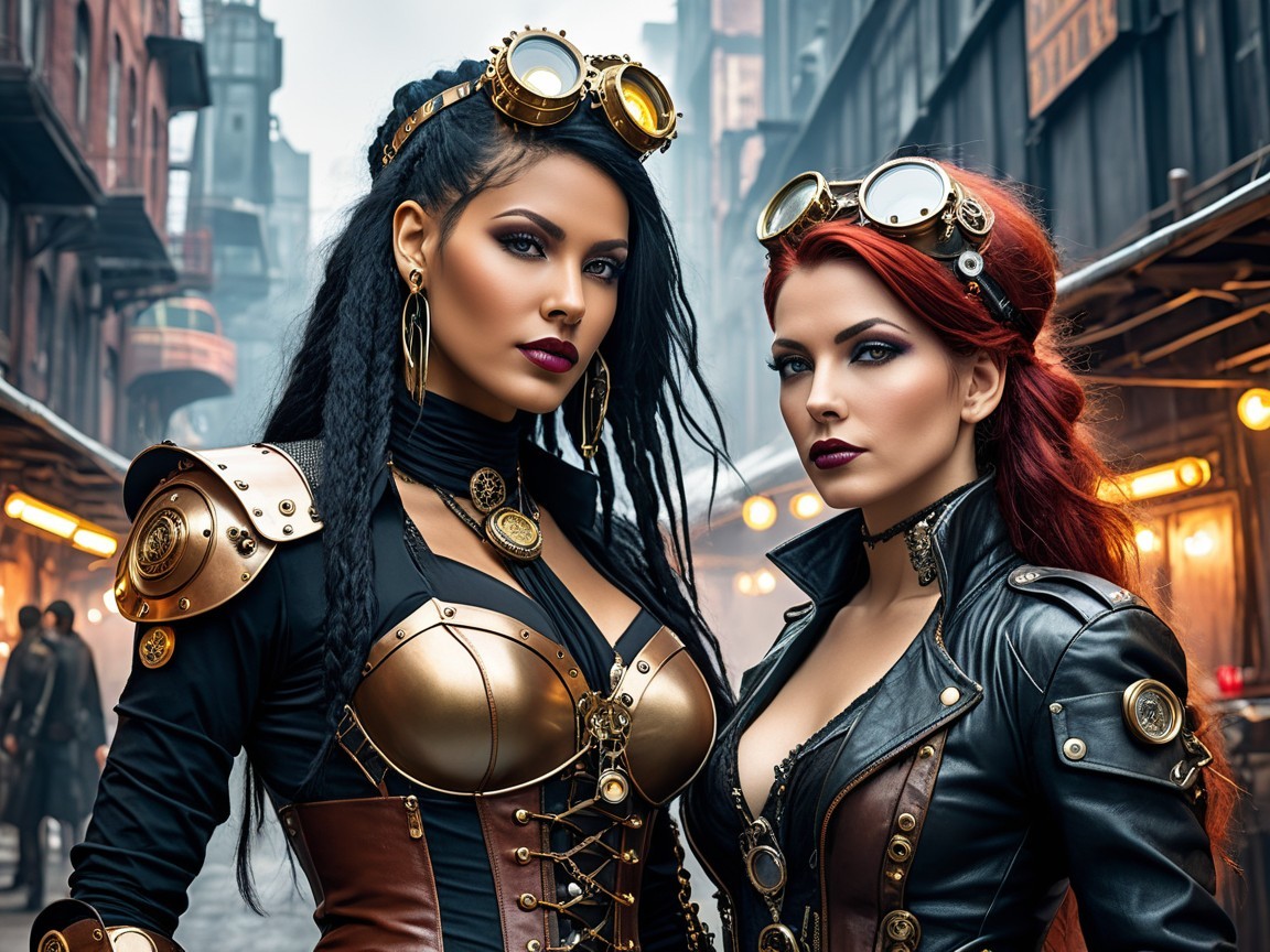 Steampunk Fashion in Urban Setting with Two Women
