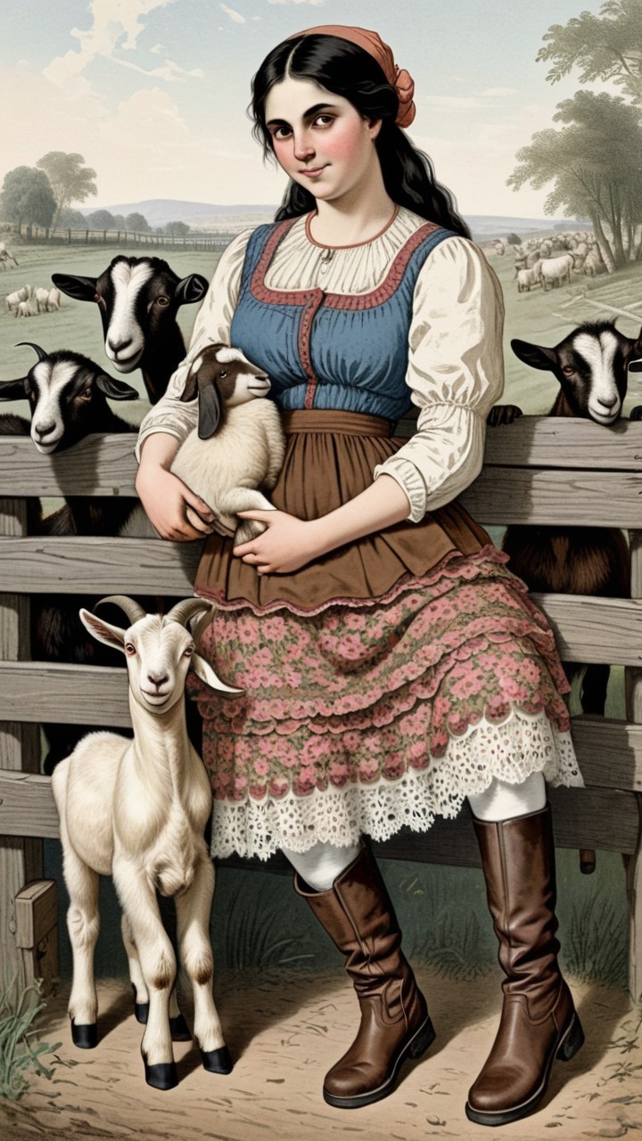 Young Woman in Colorful Dress with Lamb in Pastoral Scene