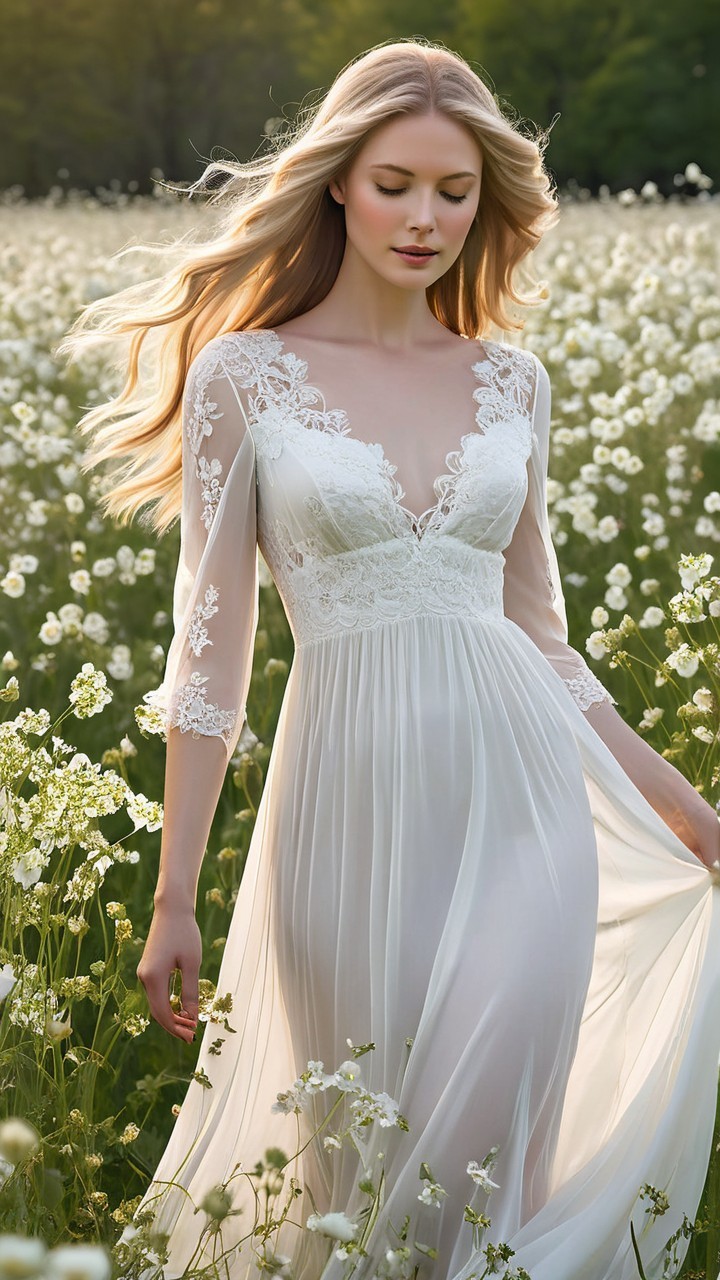 Young Woman in White Gown Among Blooming Flowers