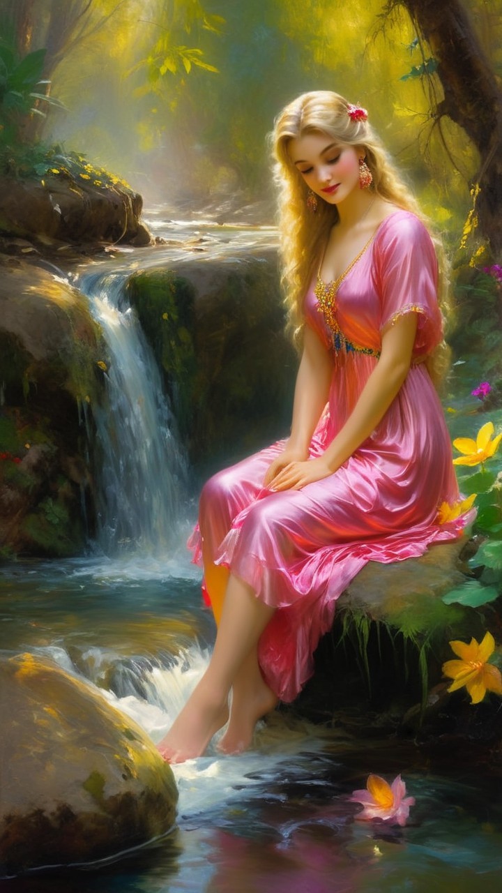 Young Woman in Pink Dress by a Gentle Stream