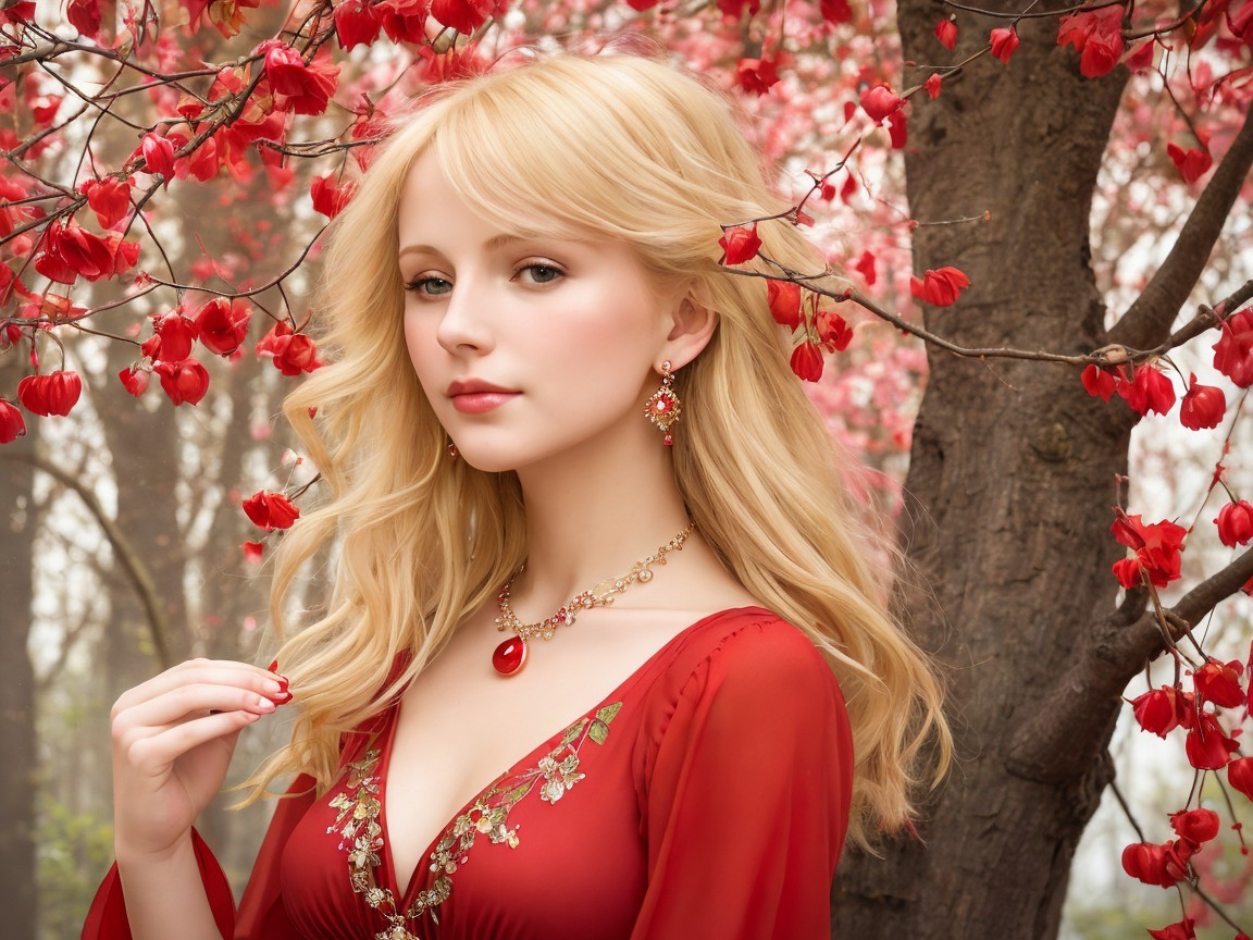 Young woman in red dress among blooming flowers