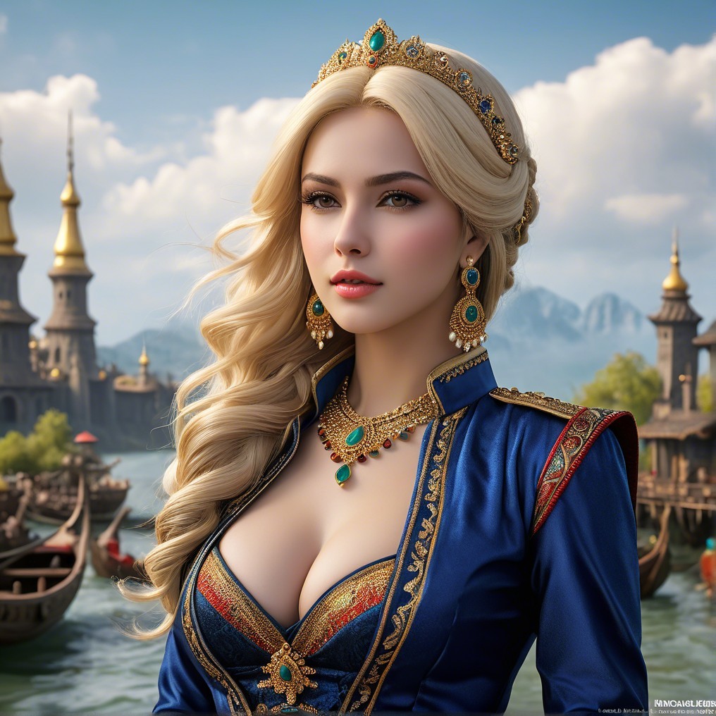 Elegant Woman in Royal Outfit with Gold Embroidery