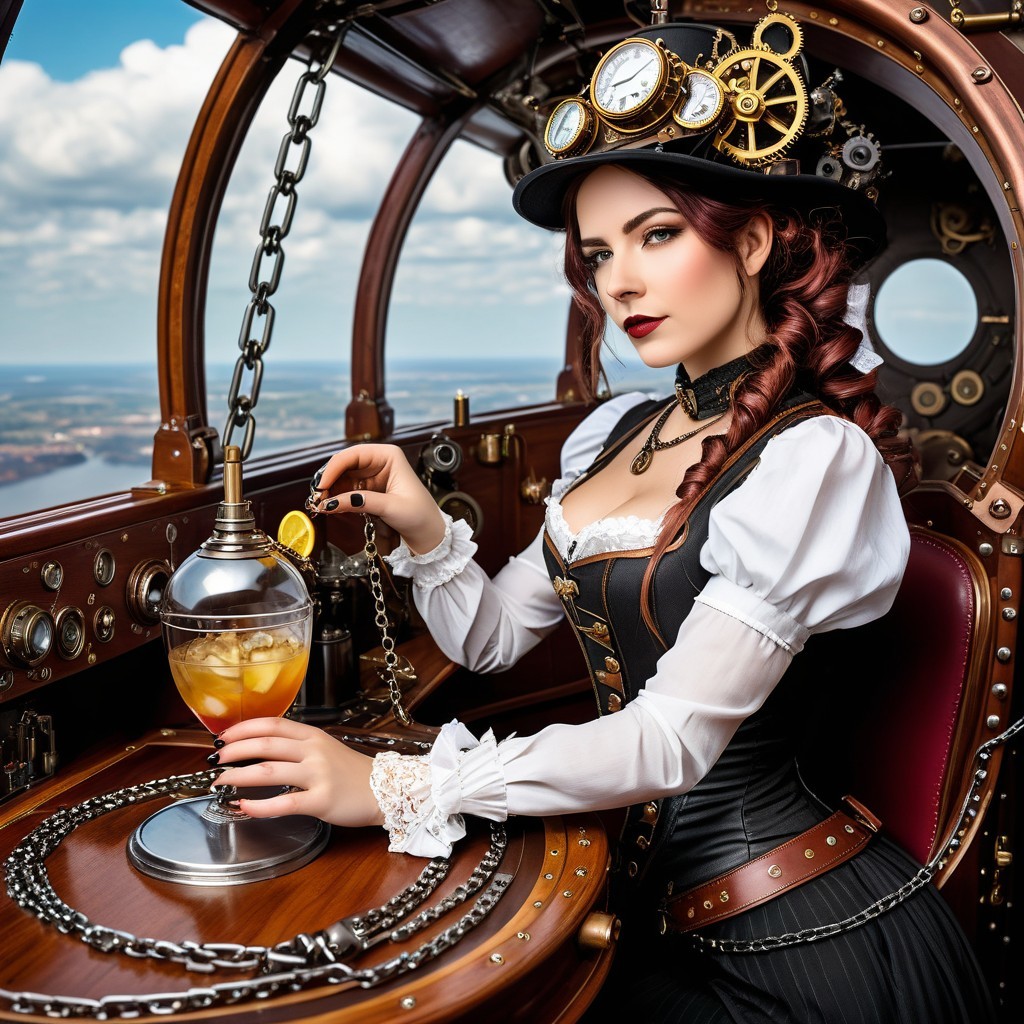 Steampunk Woman at Vintage Control Panel with Cocktail