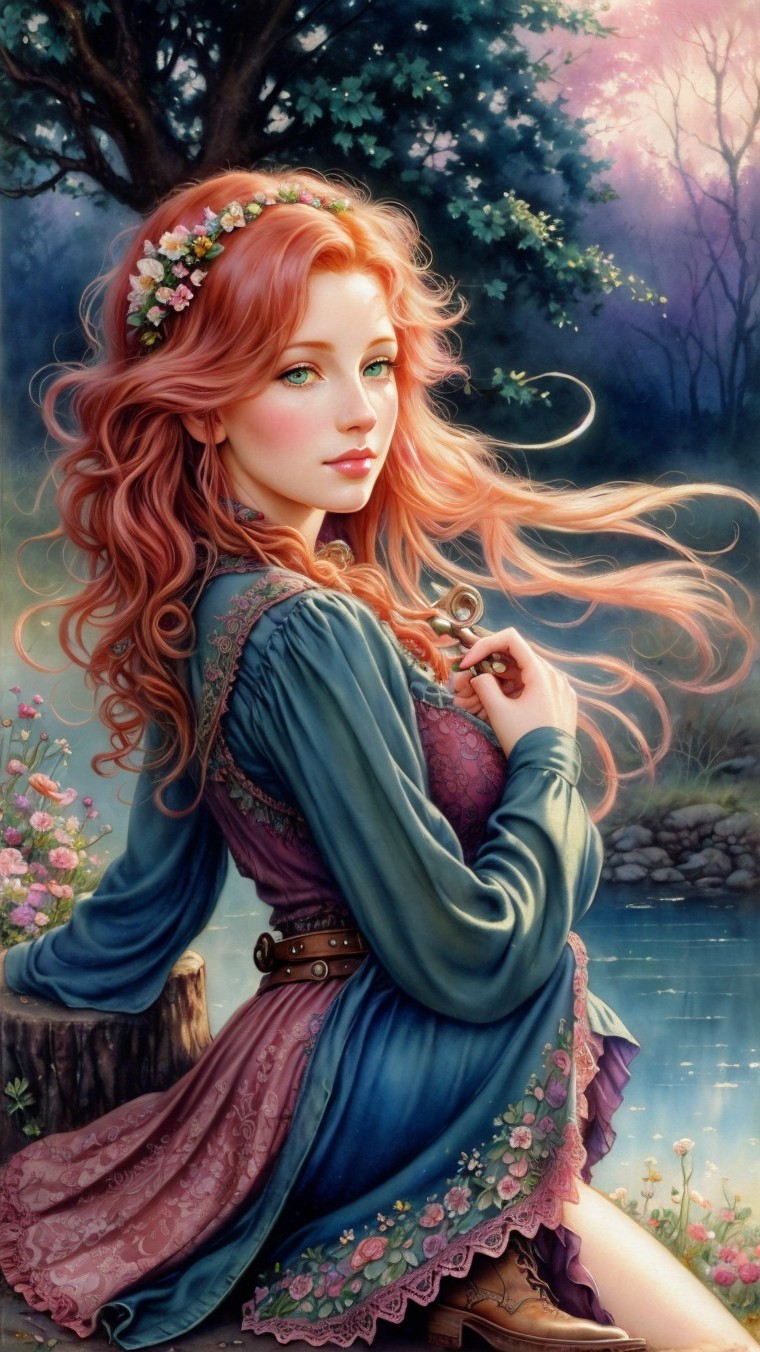Young woman in floral crown by serene pond