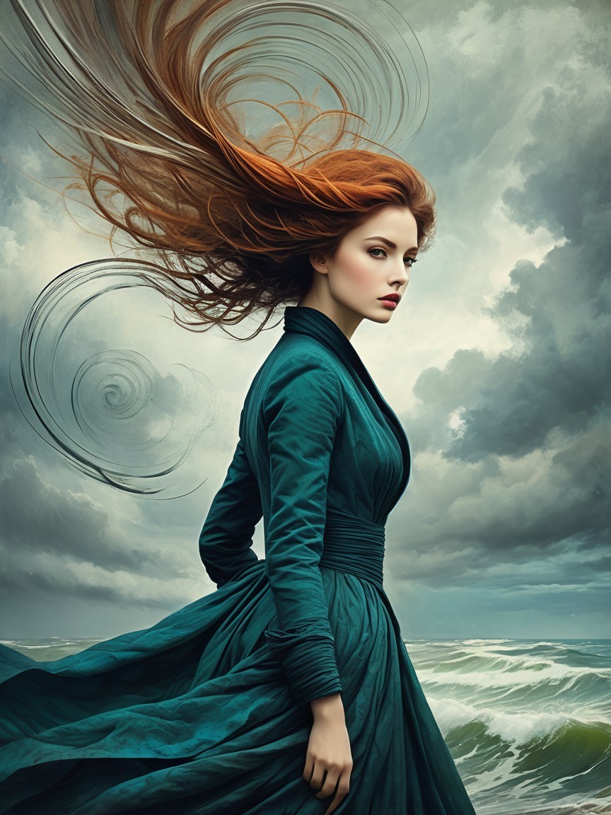 Woman in green gown by turbulent sea and stormy sky