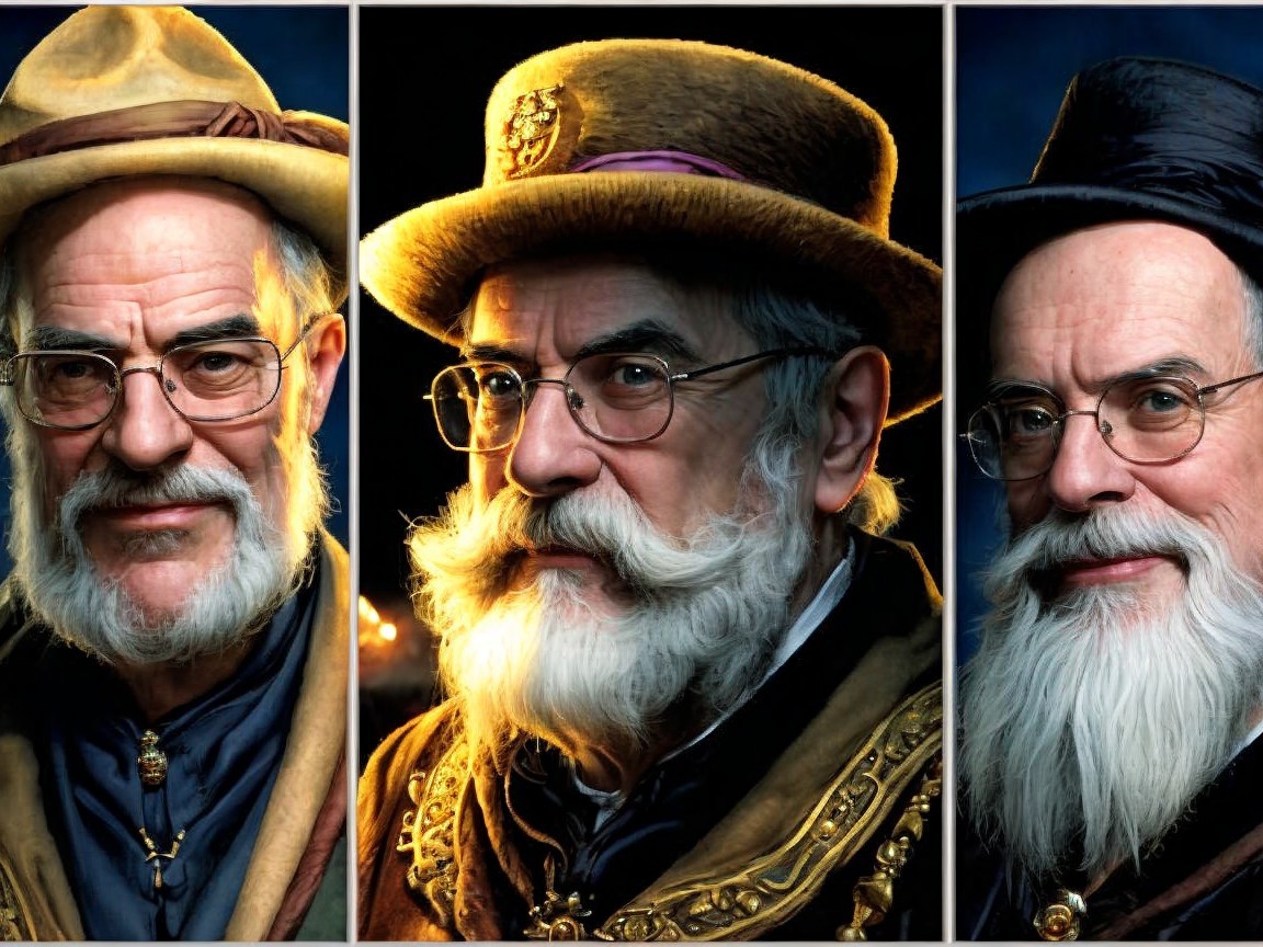 Elderly Man with Vintage Hats in Three Poses