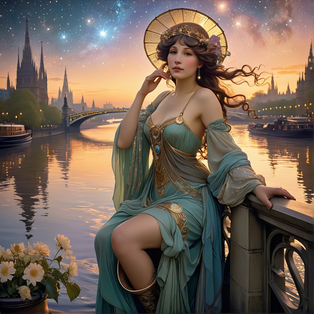 Serene Figure in Teal Garments by Twilight River