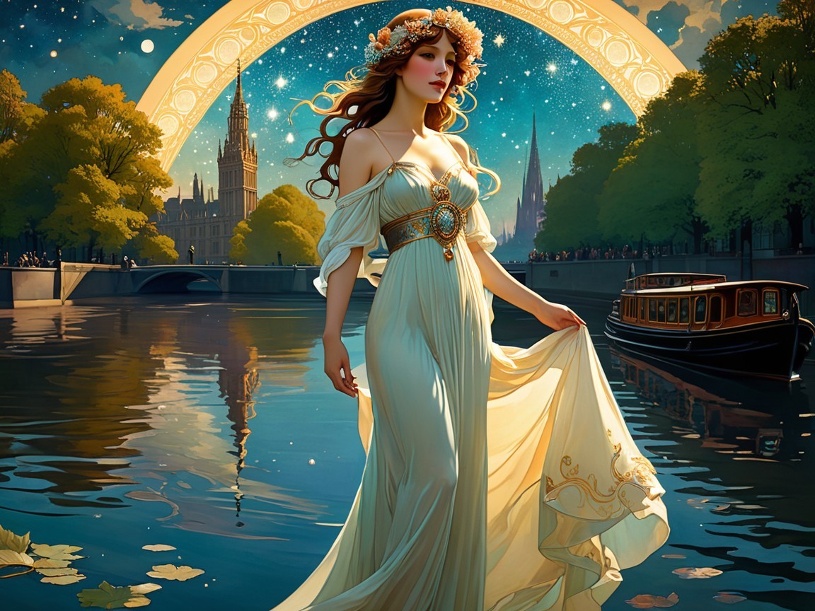 Enchanting Scene of Woman by Tranquil River at Night