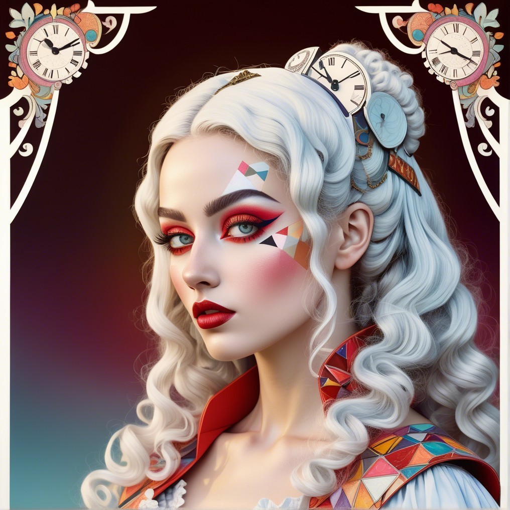 Portrait of a woman with voluminous white hair and accessories