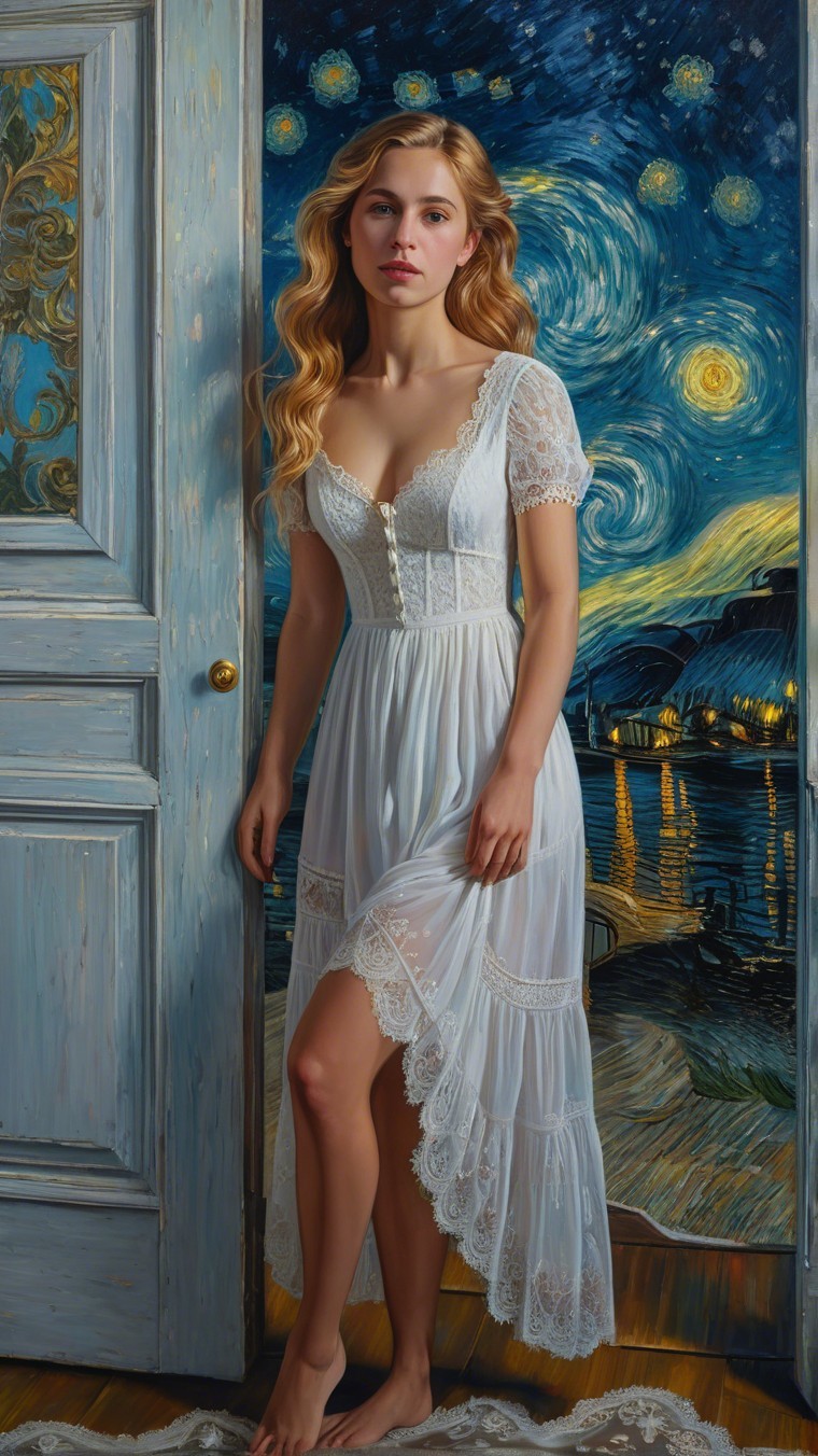 Young Woman in White Dress Against Starry Night Scene