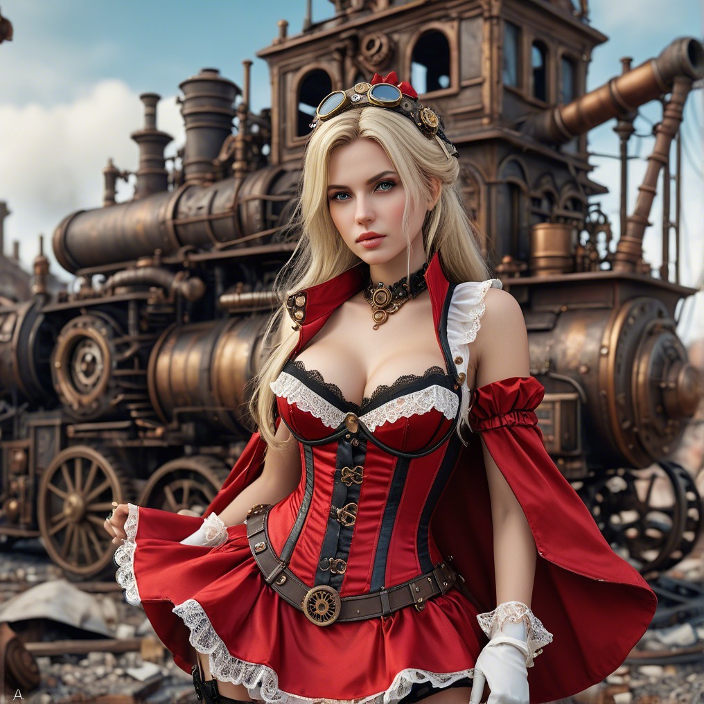 Steampunk Figure in Red Corset with Machinery Background