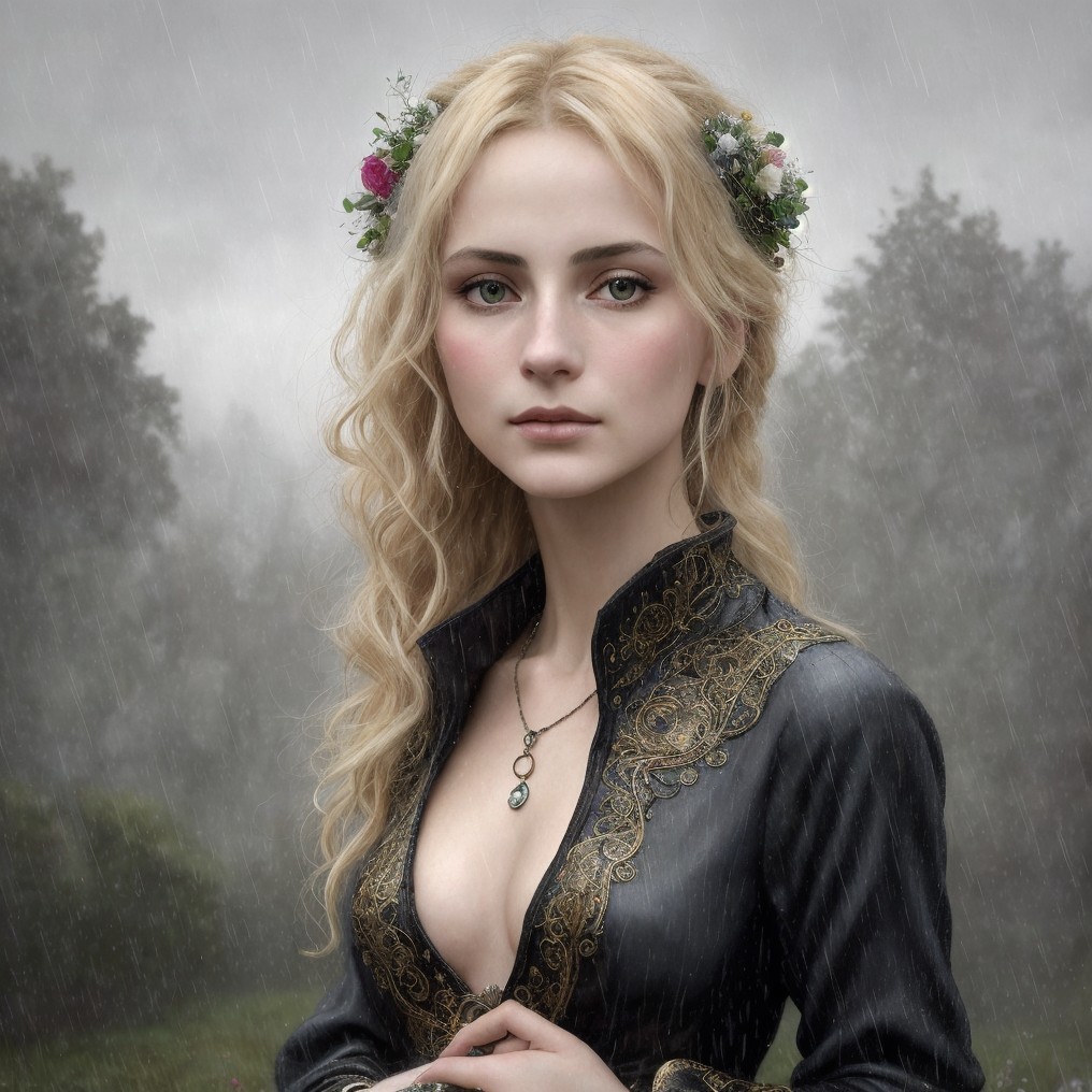 Young woman in ornate black dress in rainy landscape