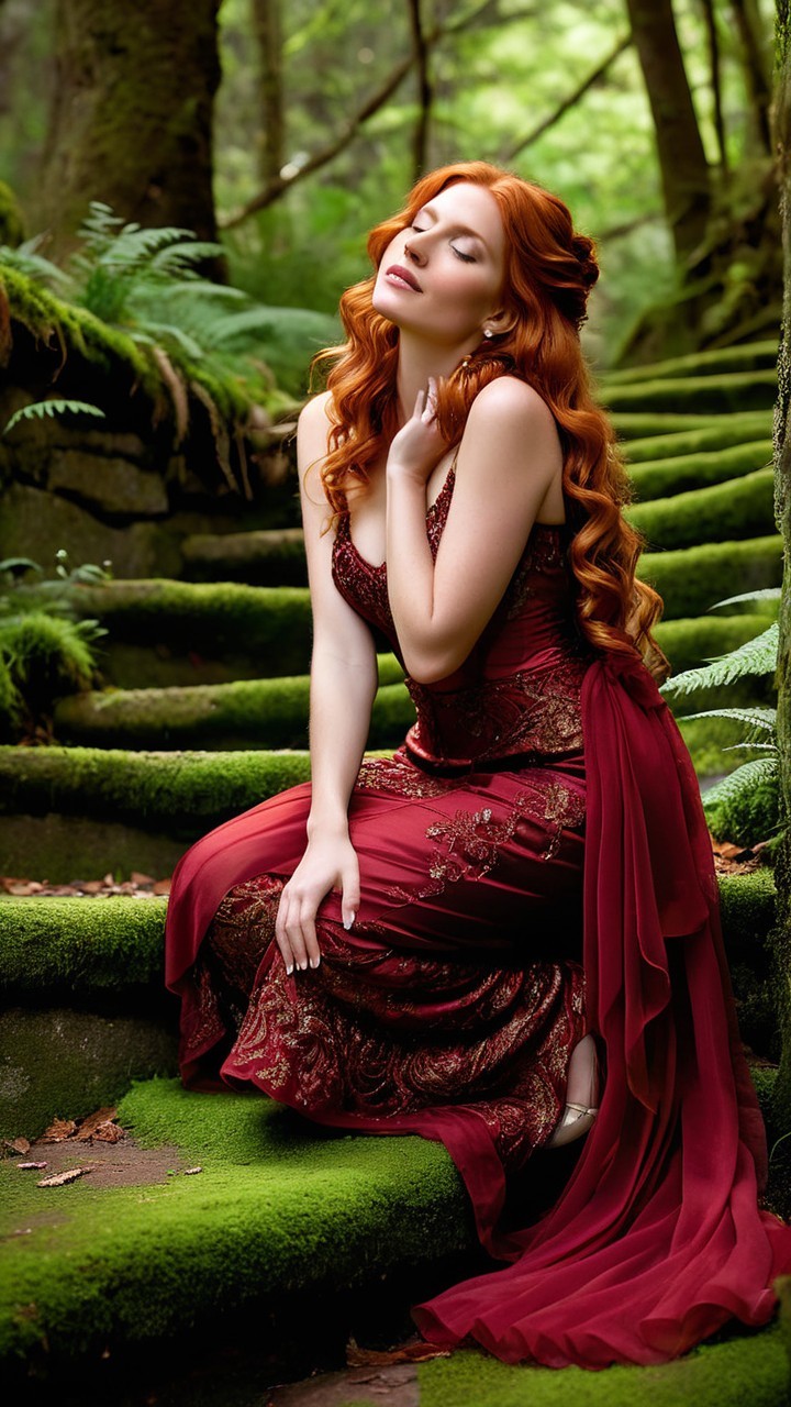 Woman in crimson gown on moss-covered forest steps