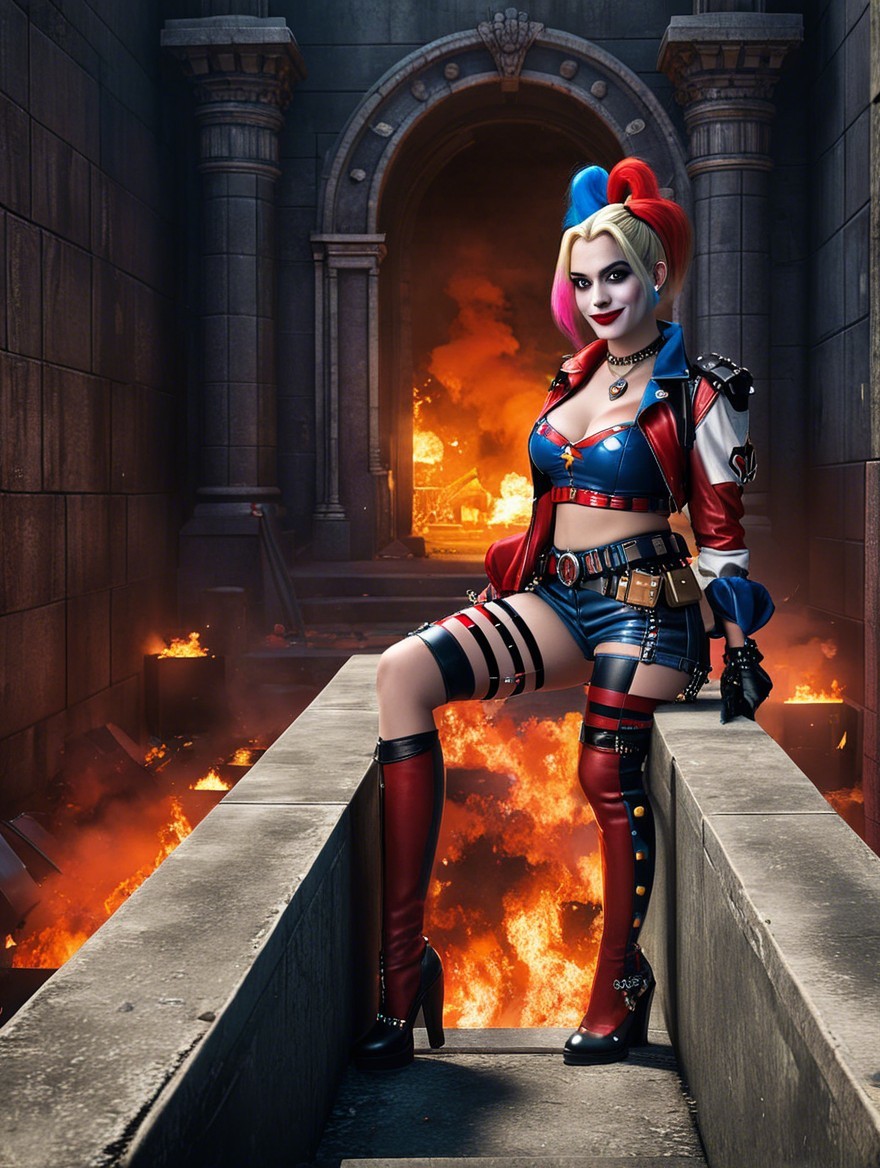 Vibrant Character on Ledge with Flames Background