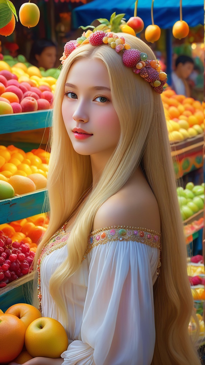 Young woman in vibrant market with colorful fruits