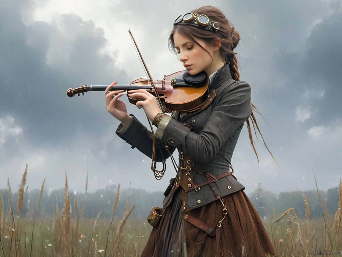 Young Woman in Steampunk Attire Playing Violin