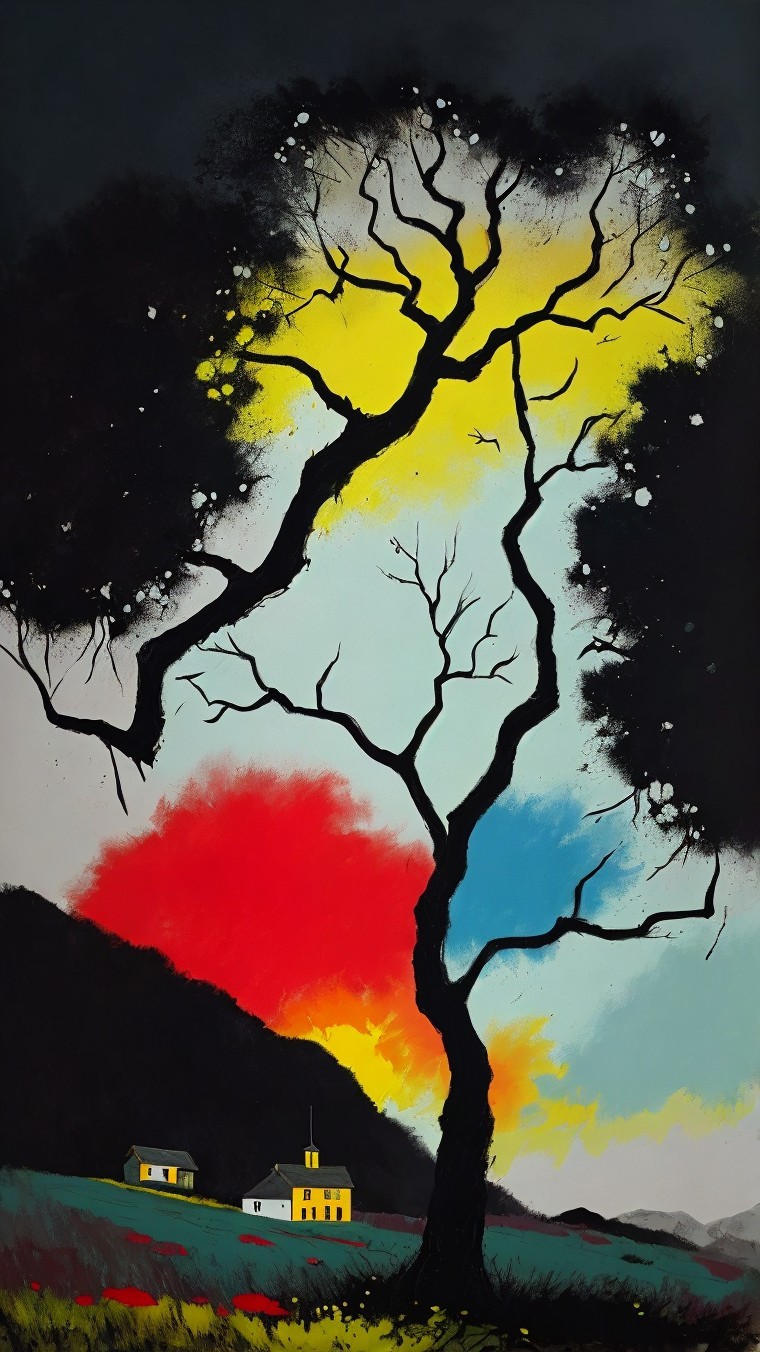 Dramatic Landscape with Twisted Tree and Sunset Sky